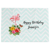 ピンクフラミンゴ&トロピカルハイビスカスファンシー誕生日 ラージペーパーバッグ (裏面)