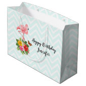 ピンクフラミンゴ&トロピカルハイビスカスファンシー誕生日 ラージペーパーバッグ (裏面アングル)