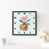 ピンクフラミンゴ&トロピカルハイビスファンシーカス スクエア壁時計 (ホーム)