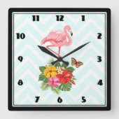 ピンクフラミンゴ&トロピカルハイビスファンシーカス スクエア壁時計 (正面)