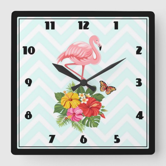 ピンクフラミンゴ&トロピカルハイビスファンシーカス スクエア壁時計 (正面)