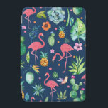 ピンクフラミンゴ&トロピカルパタカラフルーン iPad MINIカバー<br><div class="desc">可愛いカラフルの熱帯花、動物、フラミンゴ、パイナップル、サボテンのシームレスなパターンとネイビーブルー変更可能な背景色。</div>