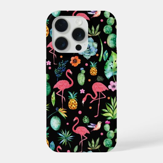 ピンクフラミンゴ、トロピカルフラワー、多肉植物 iPhoneケース (裏面)
