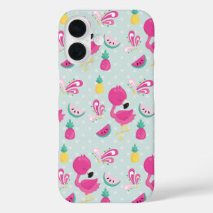 ピンクフラミンゴ&トロピカルフルーツパターン iPhone 16ケース