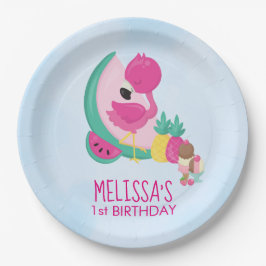 ピンクフラミンゴ、トロピカルフルーツ&アイスクリームパーティー ペーパープレート