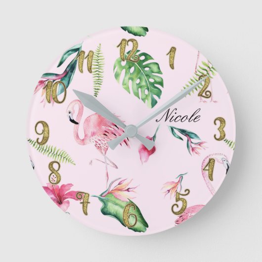 ピンクフラミンゴ&トロピカル葉フローラカスタム ラウンド壁時計 (正面)