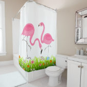 ピンクフラミンゴ&春グラス&フラワー シャワーカーテン (インサイチュ)