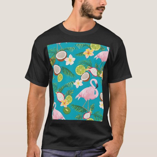 ピンクフラミンゴ:熱帯シームレスパターン Tシャツ (正面)