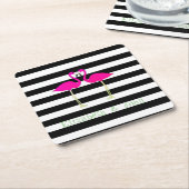 ピンクフラミンゴ,白黒ストライプのパーソナライズされた スクエアペーパーコースター (アングル)