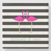 ピンクフラミンゴ,白黒ストライプのパーソナライズされた ストーンコースター (正面)