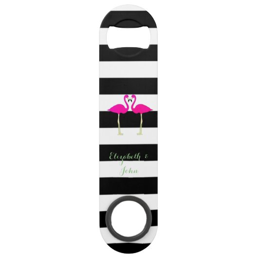 ピンクフラミンゴ,白黒ストライプのパーソナライズされた スピード栓抜き (正面)