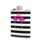 ピンクフラミンゴ，白黒ストライプのパーソナライズされた フラスク (左)