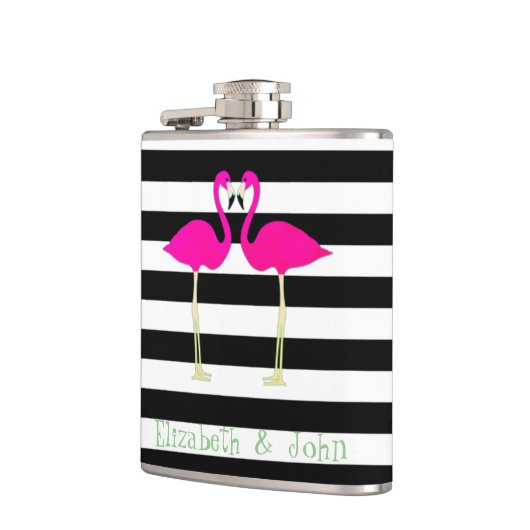 ピンクフラミンゴ，白黒ストライプのパーソナライズされた フラスク (左)