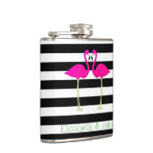 ピンクフラミンゴ，白黒ストライプのパーソナライズされた フラスク (右)