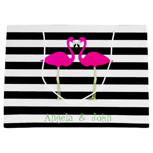 ピンクフラミンゴ,白黒ストライプのパーソナライズされた ラージペーパーバッグ (正面)