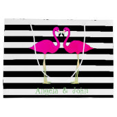 ピンクフラミンゴ,白黒ストライプのパーソナライズされた ラージペーパーバッグ (裏面)