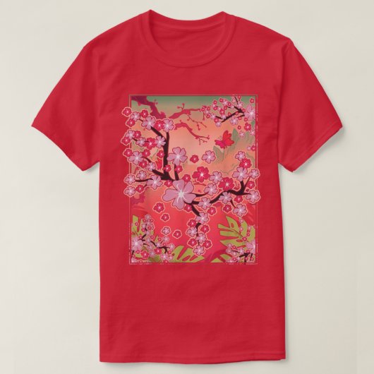 ピンクフラワーかわいらし桜ラバー日本のさくらんぼBl Tシャツ (デザイン正面)
