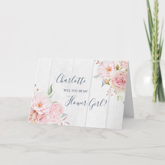 ピンクフラワーの結婚式フラワーガールプロポーザルカード サンキューカード (正面)