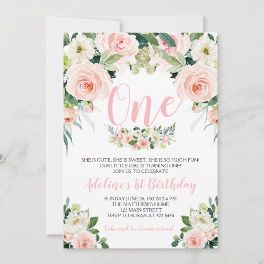 ピンクフラワーの誕生日の招待 招待状 (正面)