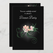 ピンクフラワーイラストレーションオンブラックディナーパーティー 招待状 (正面/裏面)