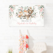 ピンクフラワーウッドランドフォレストアニマルズガールズ誕生日 横断幕 (インサイチュ)