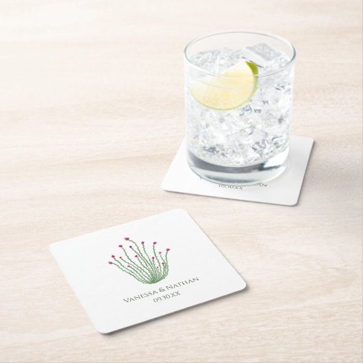 ピンクフラワーオコティロサボテン結婚のカクテルアワー スクエアペーパーコースター (インサイチュ)