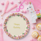 ピンクフラワーガーランドオンアイボリーハッピーバースデー ペーパープレート (パーティー)