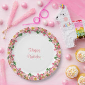 ピンクフラワーガーランドオンホワイトハッピーバースデー ペーパープレート (パーティー)
