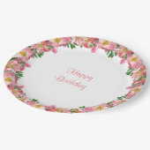 ピンクフラワーガーランドオンホワイトハッピーバースデー ペーパープレート (アングル)