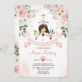 ピンクフラワーガール1st聖餐式金ゴールドクロス 招待状 (正面/裏面)