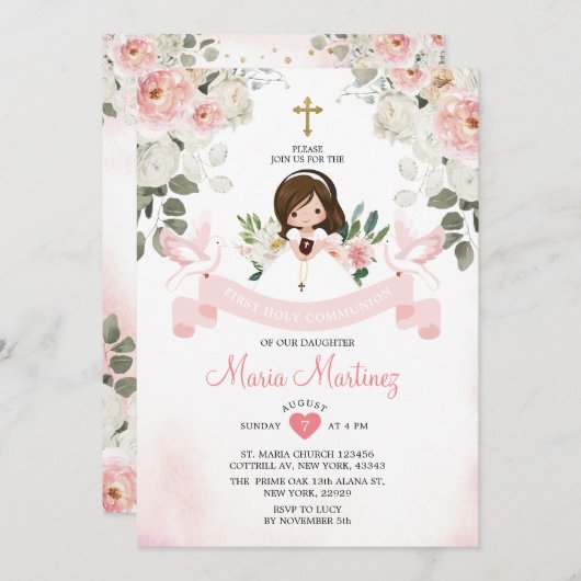 ピンクフラワーガール1st聖餐式金ゴールドクロス 招待状 (正面/裏面)