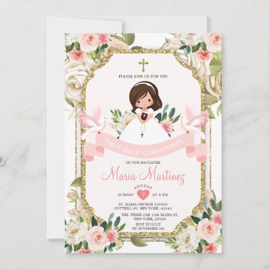 ピンクフラワーガール1st聖餐式金ゴールドグリッター 招待状 (正面)
