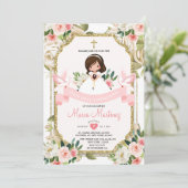 ピンクフラワーガール1st聖餐式金ゴールドグリッター 招待状 (スタンド正面)