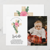 ピンクフラワークロスフォトバプテスマ招待状 招待状 (正面/裏面)