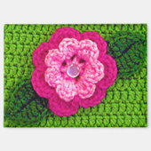 ピンクフラワーグラスグリーンリーフアーティザンクロシェプリント マグネット (正面)