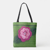 ピンクフラワーグリーンリーフアーティザンクロシェプリント トートバッグ (裏面)