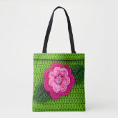ピンクフラワーグリーン葉プリントアーティザンクロシェ トートバッグ (正面)