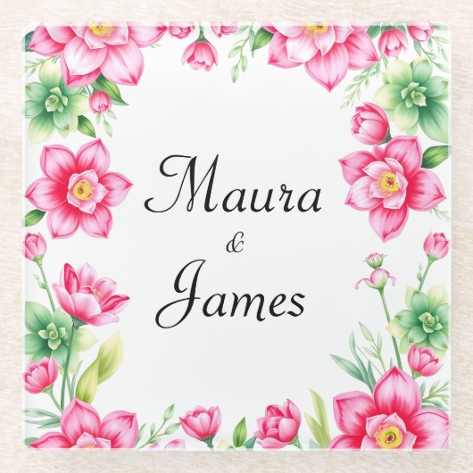 ピンクフラワーコースター ガラスコースター (正面)