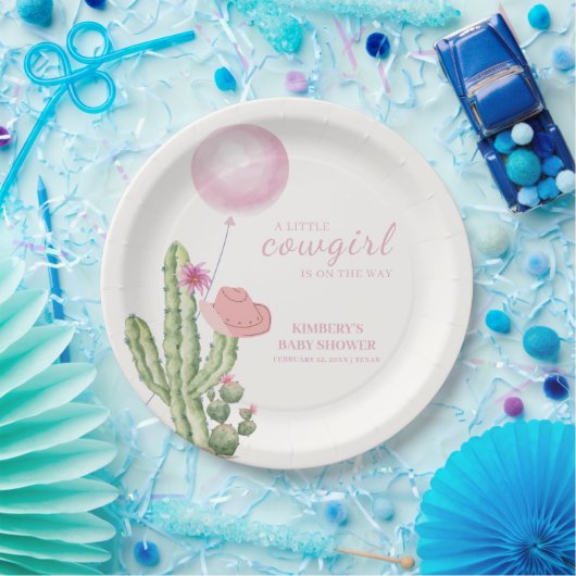 ピンクフラワーサボテン女性のカーボーイベビーシャワー ペーパープレート (パーティー)