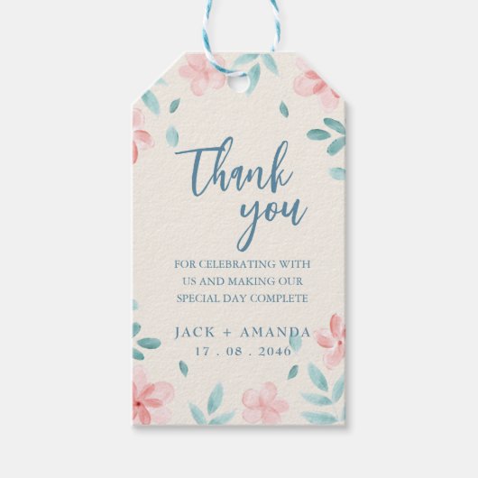 ピンクフラワーシック結婚式招待状サンキューラベル ギフトタグ (正面)