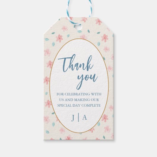 ピンクフラワーシック結婚式招待状サンキューラベル ギフトタグ (正面)