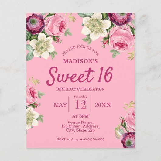 ピンクフラワースウィート16誕生日招待状 (正面)