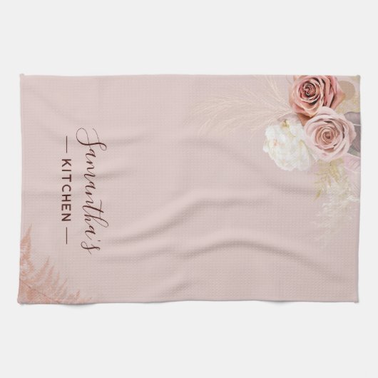 ピンクフラワースクリプトテラコッタパーソナライズされた キッチンタオル (横)