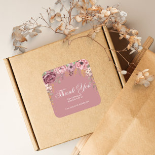 ピンクフラワースモールビジネスサンキューステッカー スクエアシール