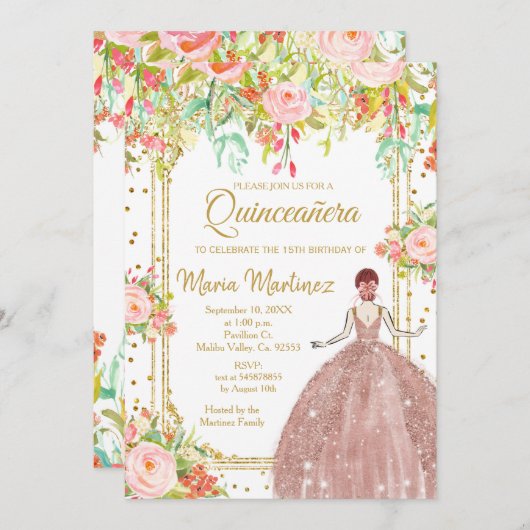 ピンクフラワーズアンド金ゴールドグリッターキンセアニェラ 招待状 (正面/裏面)