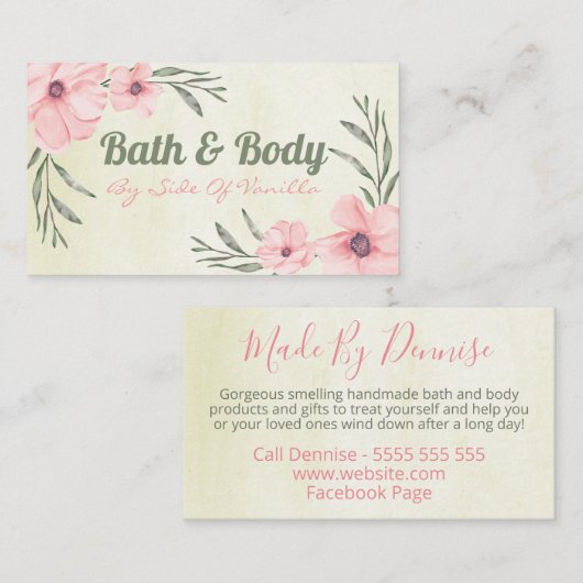 ピンクフラワーズオンベージュ手作りスパバス&体 名刺 (正面/裏面)