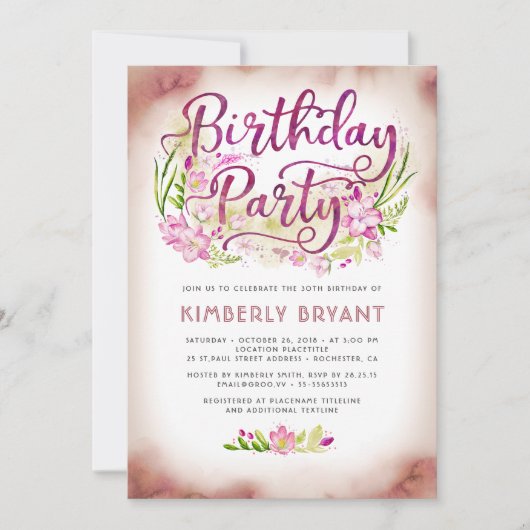ピンクフラワーズガーデンエレガントフローラ誕生日パーティー 招待状 (正面)