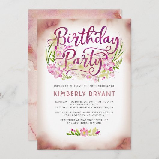 ピンクフラワーズガーデンエレガントフローラ誕生日パーティー 招待状 (正面/裏面)
