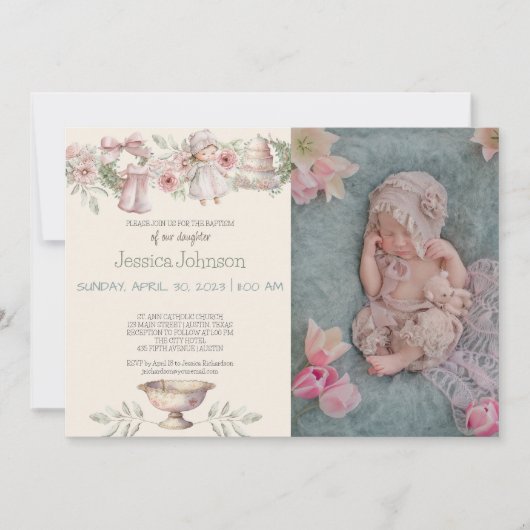 ピンクフラワーズガールズバプテスマ招待状 招待状 (正面)