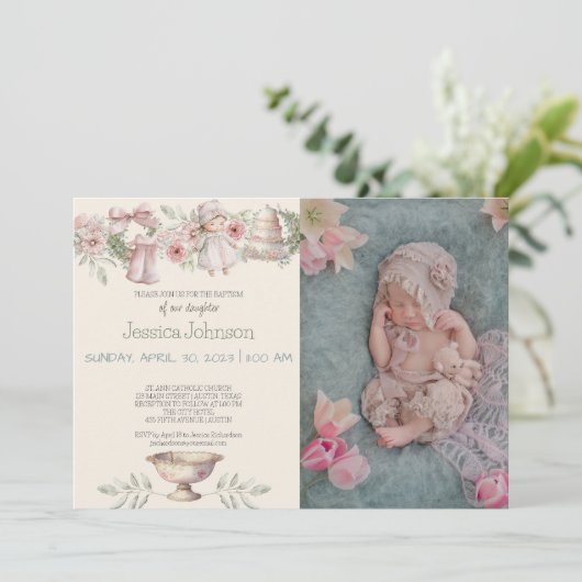 ピンクフラワーズガールズバプテスマ招待状 招待状 (スタンド正面)